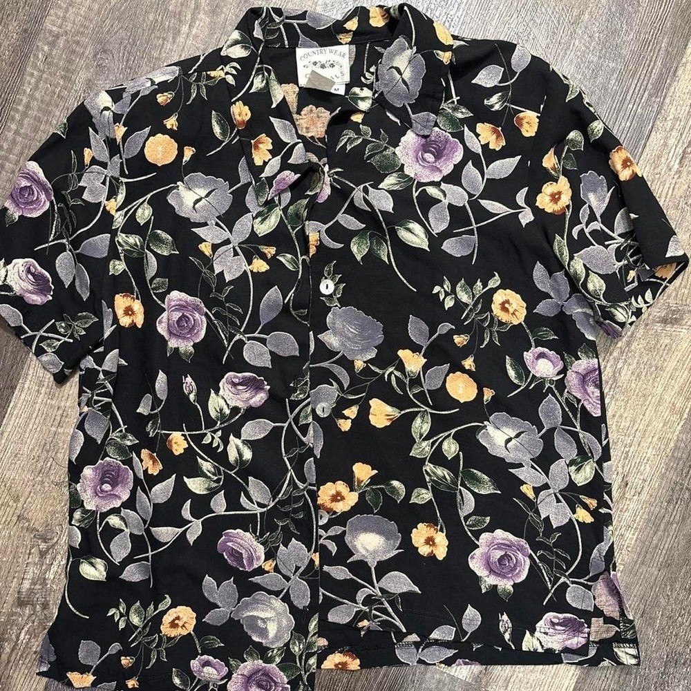 Country Wear Casuals Vintage 90s Dark Floral Linen Rayon Button Up Shirt