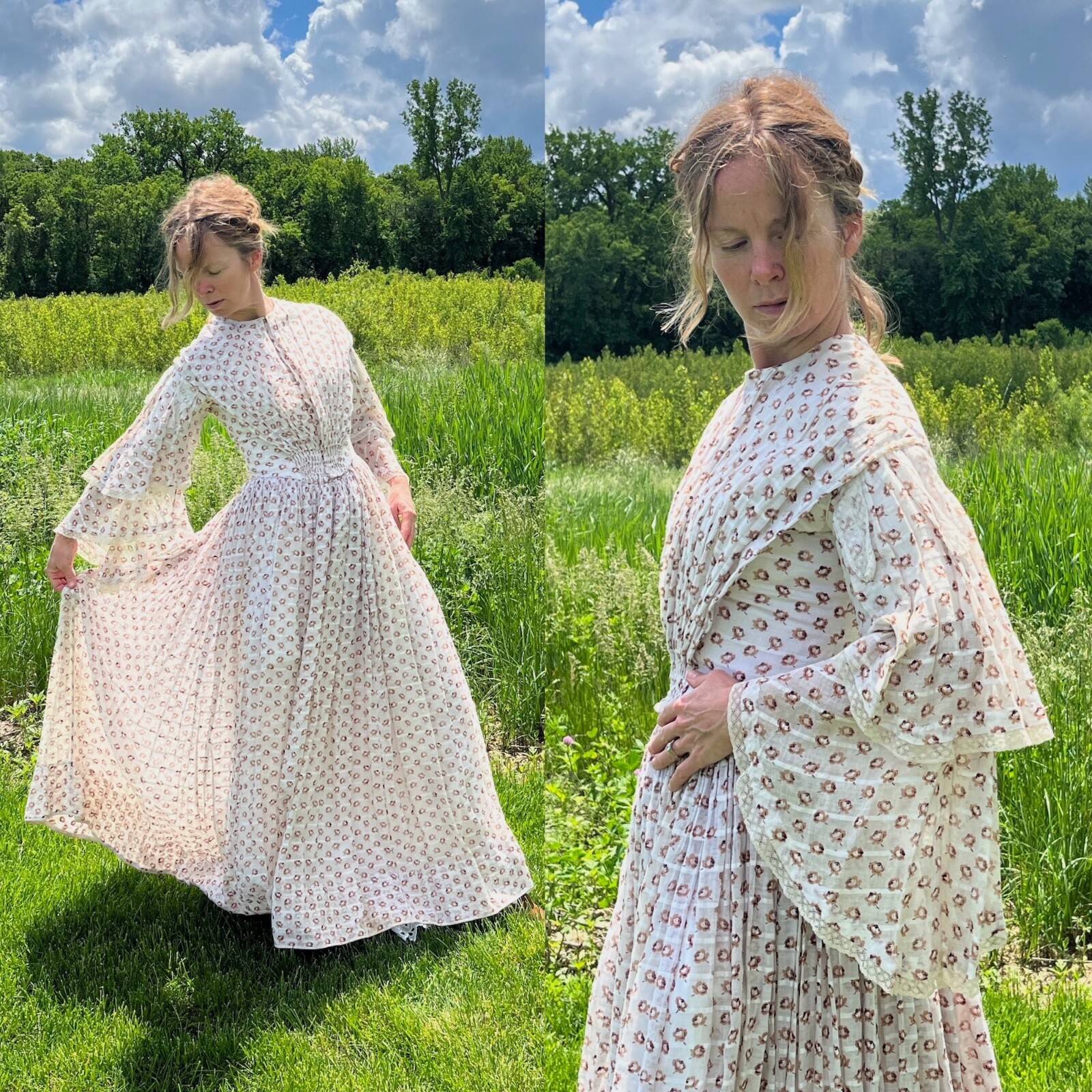 1850s Victorian Printed Rosebud Cotton Fan Front Dress Tiered Pagoda Sleeves XS