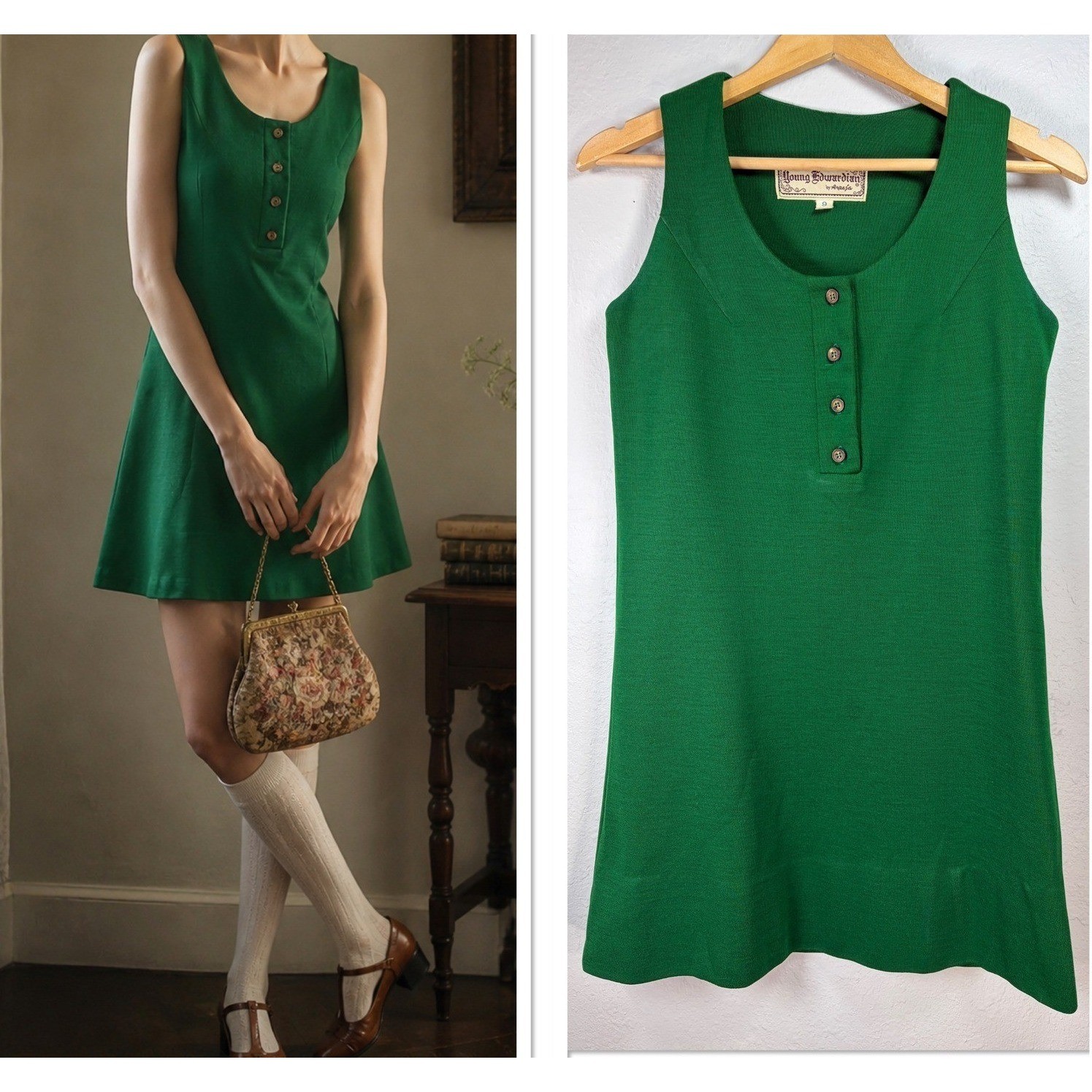 Vintage Young Edwardian Emerald Green Mod Mini Dress Cottagecore Retro 60s Twee