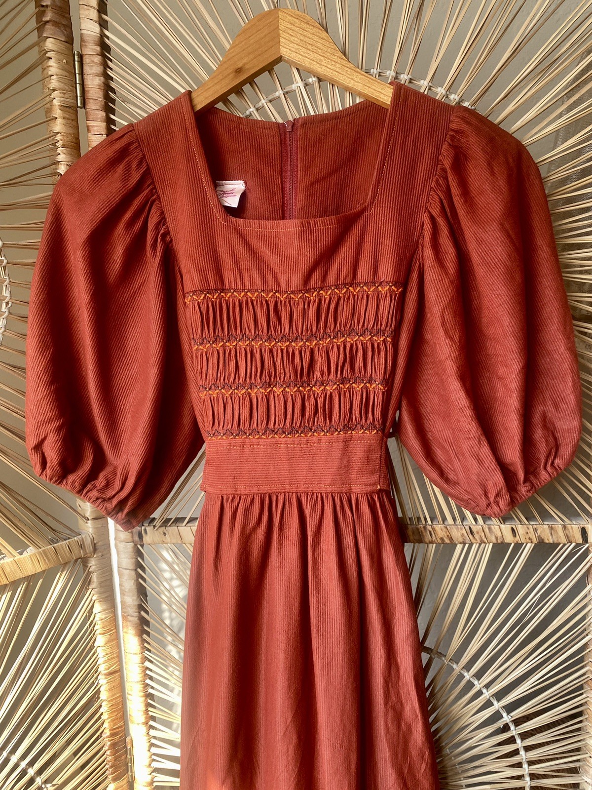 Candi Jones California Vintage 1970s Puff Sleeve Rust Colored Dress