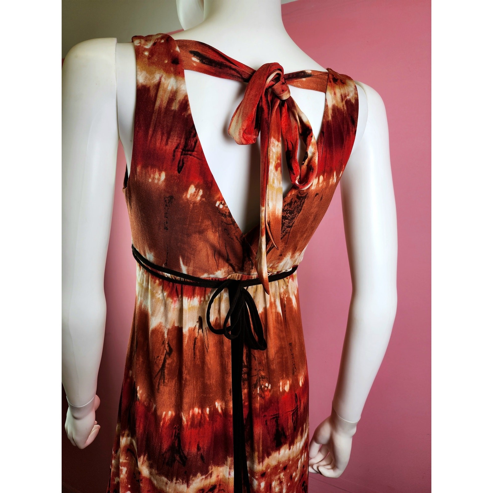 Vintage Y2K Fire Tie Dye Red Rust Brown Tortoise Shell Bead Maxi Dress by BCX