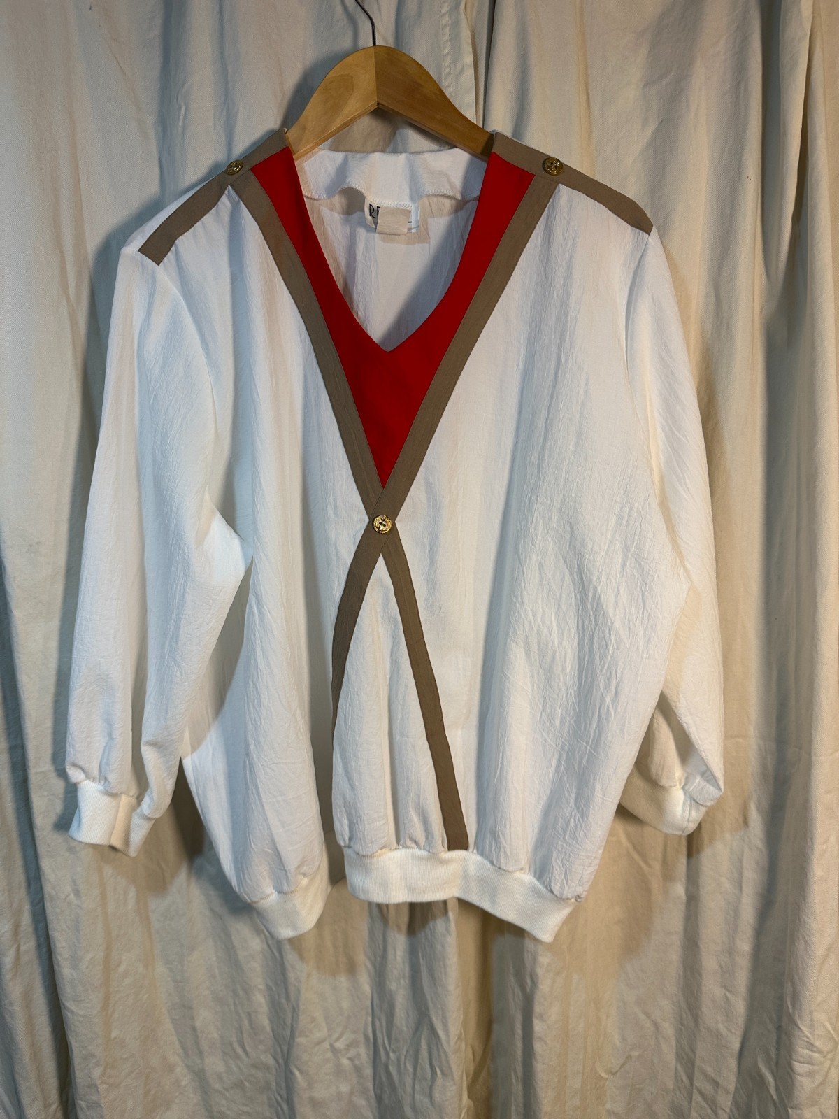 Vintage 80s Women’s Regal Style Shirt Banded Bottom Gold Button Shoulder Pad.