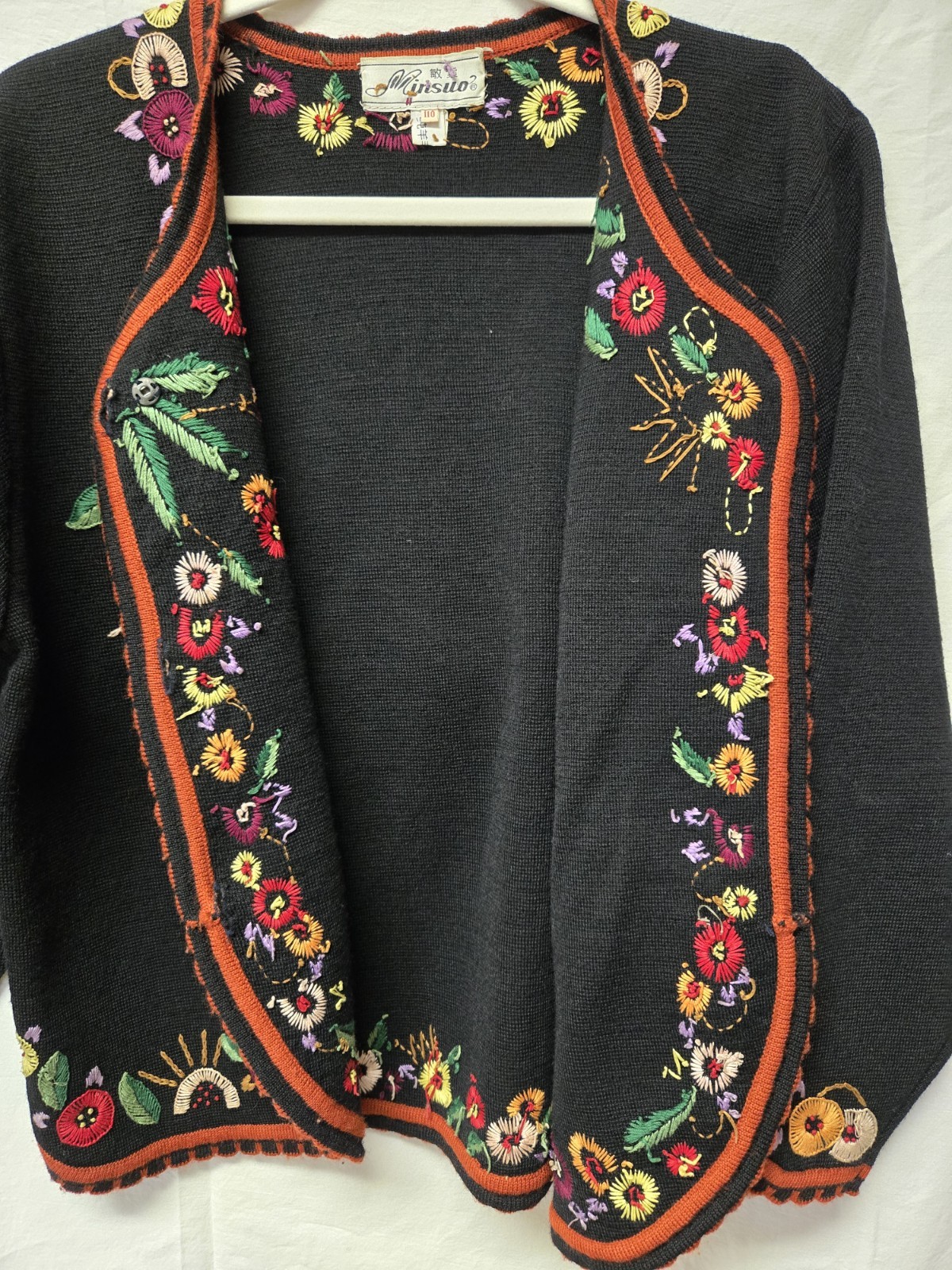 Vintage Floral Hand Embroidered Wool Blend Cardigan Sweater Boho Granny Core L