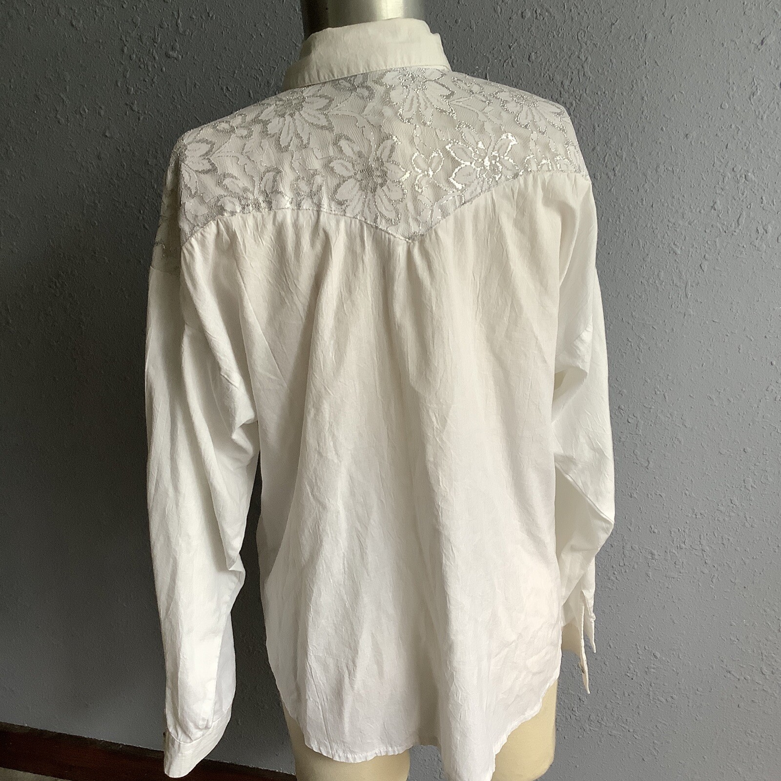 Vintage 80s Lilia Smitty White Long Sleeve Western Lace Metallic Bib Shirt MED
