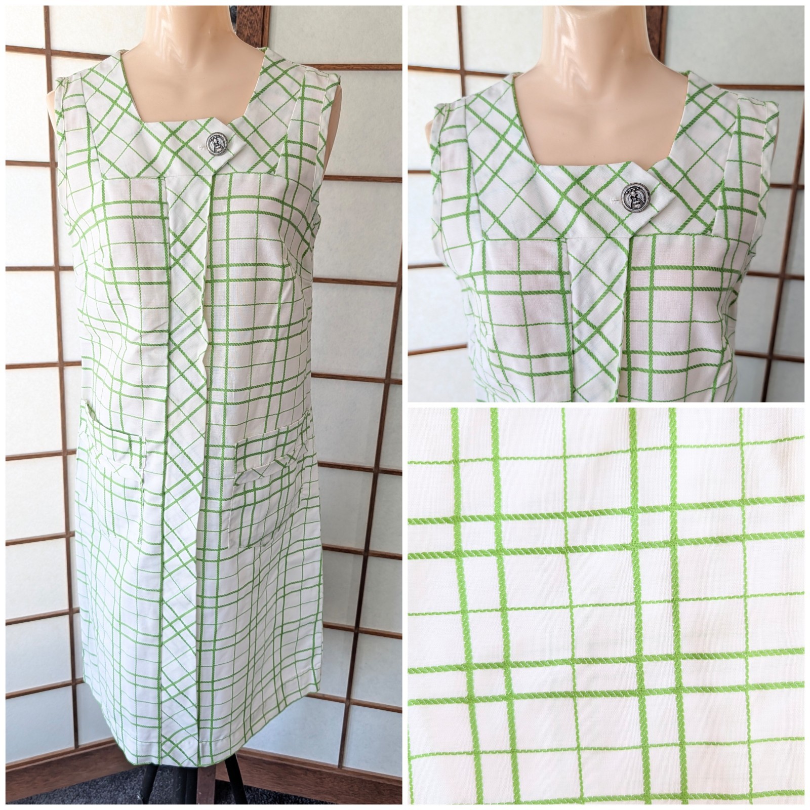 Vtg 1970s A-Line Shift Day Dress Light Weight NWOT Size M/L Mod Plaid Sleeveless