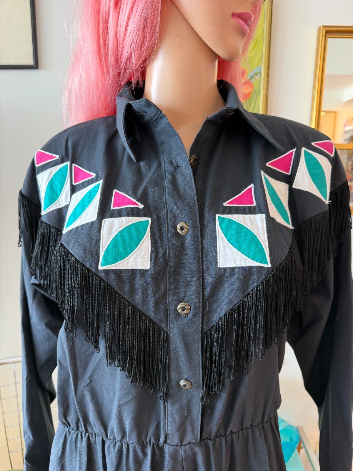 🤠 Vtg 80s does 50s Western Square Dance Cowgirl Fringe Shirtwaist Party Dress M
