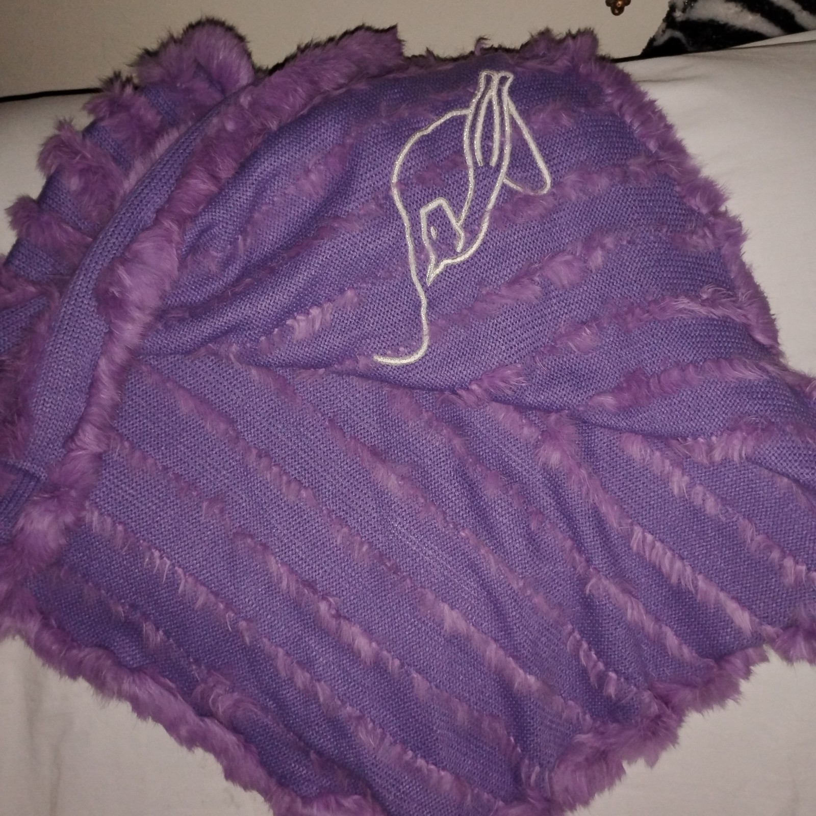 VTG BABY PHAT purple knit poncho pullover genuine Rabbit fur emb cat logo one sz