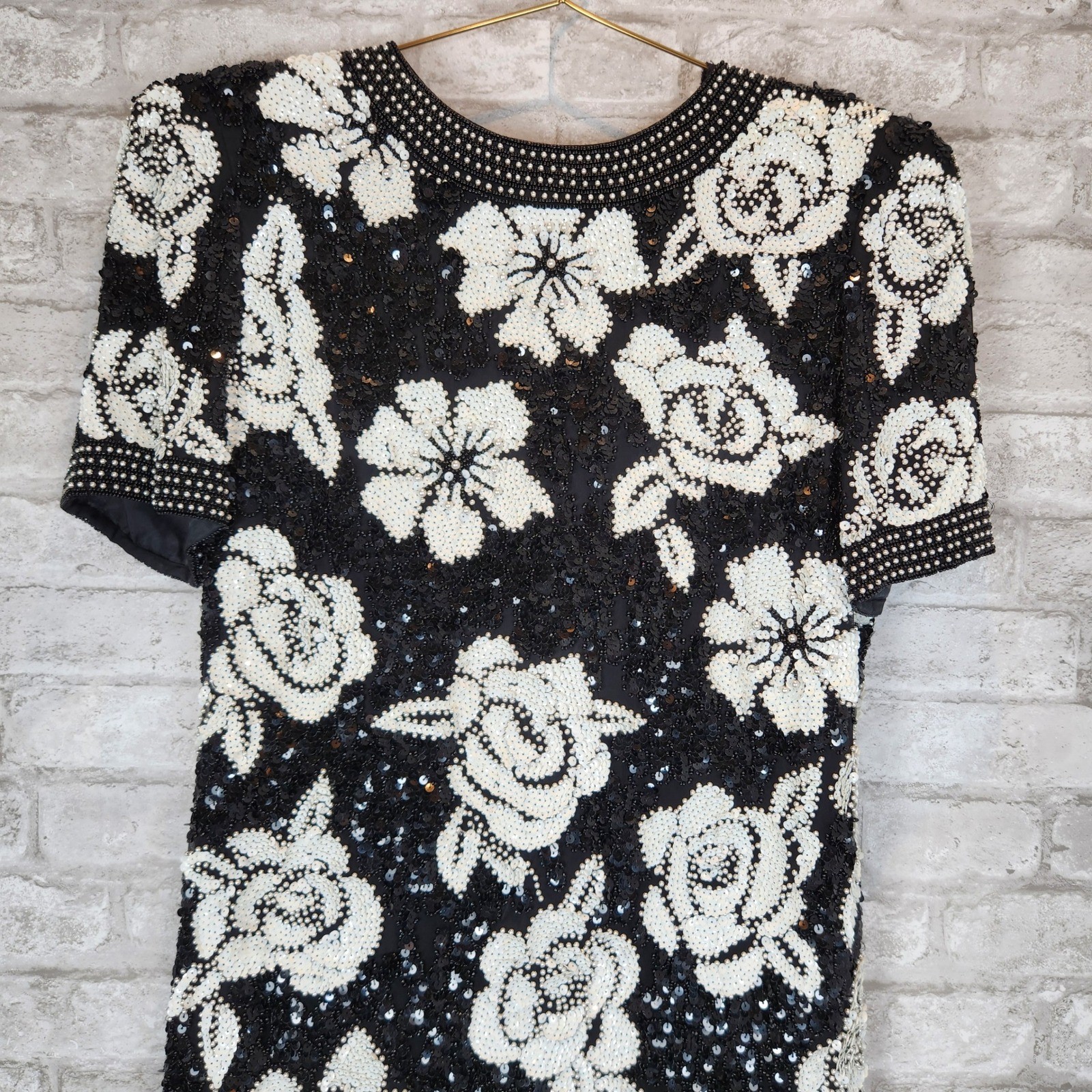 Joan Leslie Vintage 80s Dress Floral Beaded Sequin 100% Silk Cocktail 6