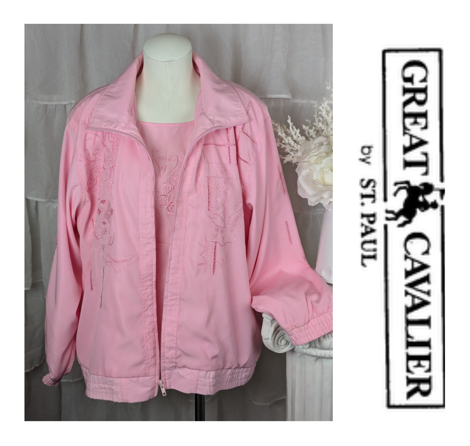 Great Cavalier by St. Paul Vintage 80s Pink Embroidered Jacket & Blouse Set XL