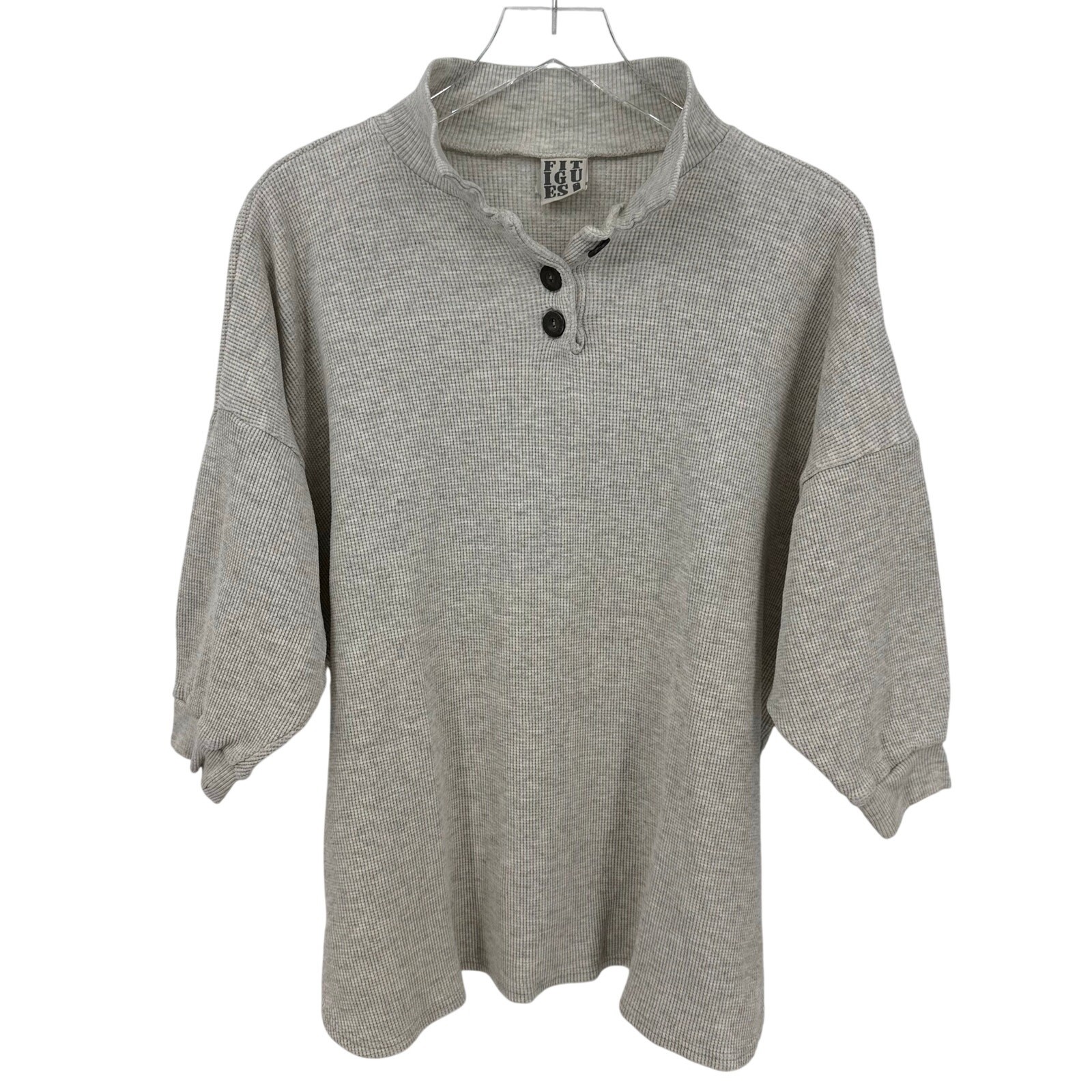 Vintage Fitigues Size Large Gray Waffle Knit Henley Top 3/4 Length Sleeves