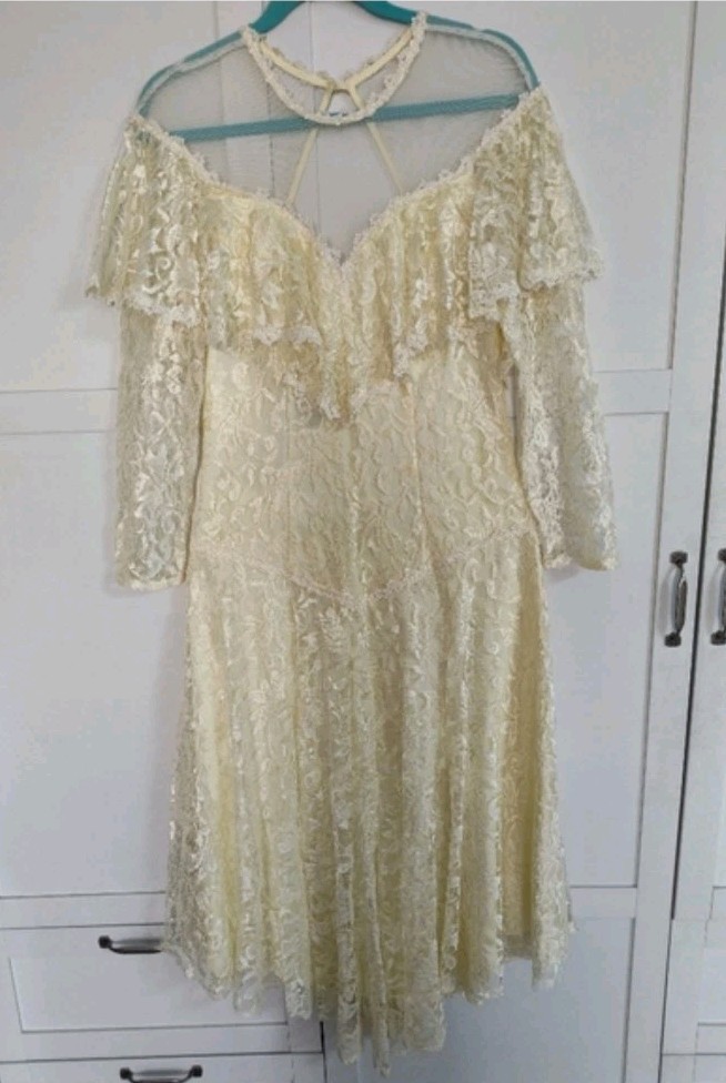 1970s Vtg A La Carte Lace Dress Formal Wedding Sz S 4-6 **See Measurements EUC
