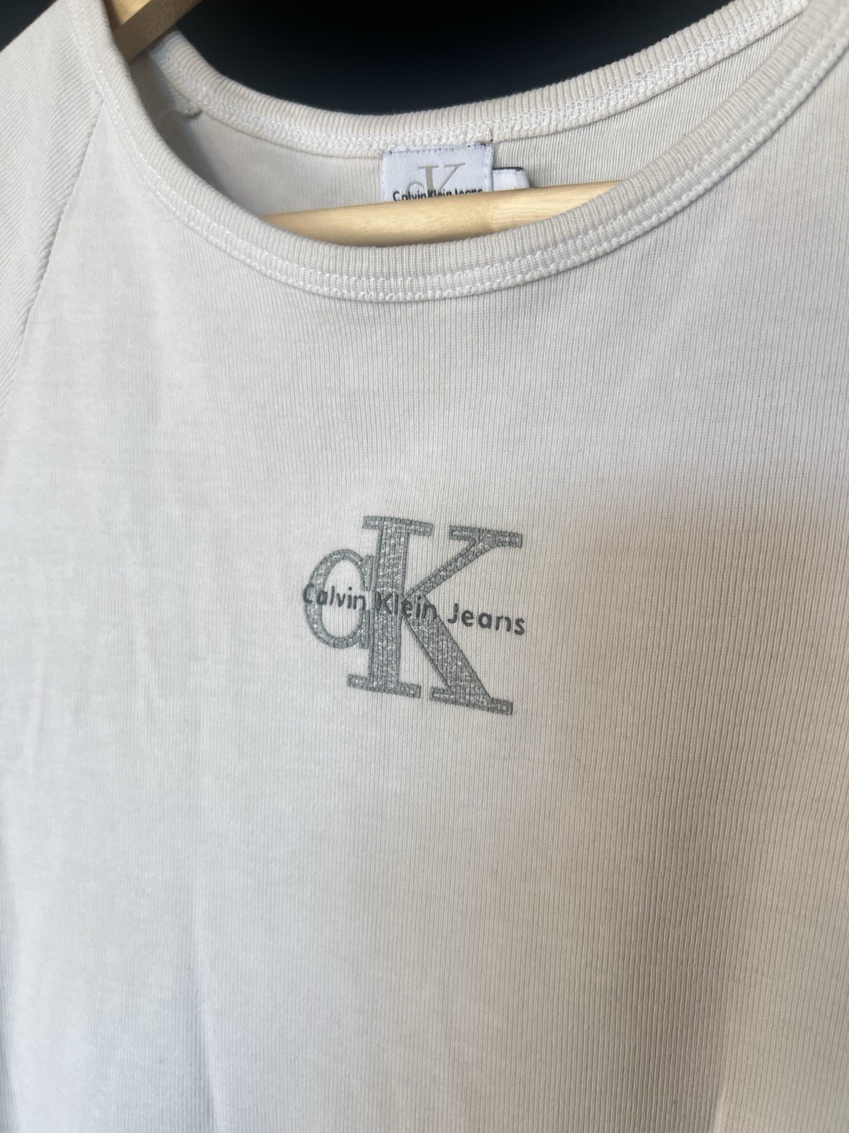 Vintage Y2K 90s Calvin Klein Logo CK Baby Tee White Silver Crop Top Large