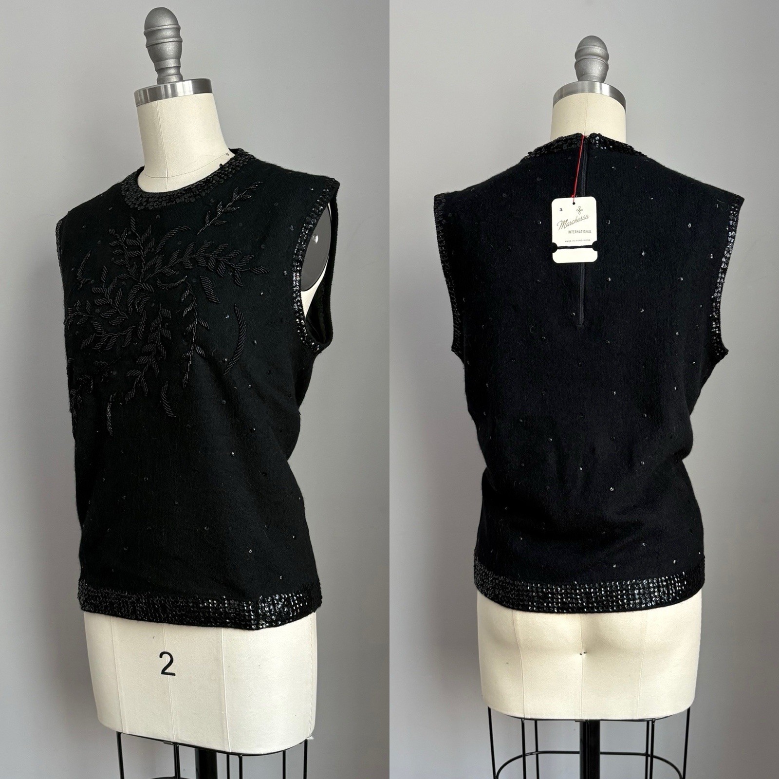 Vintage 60’s NOS Marchessa Int’l Black Beaded Sequin Tank Sweater w/ tag Medium