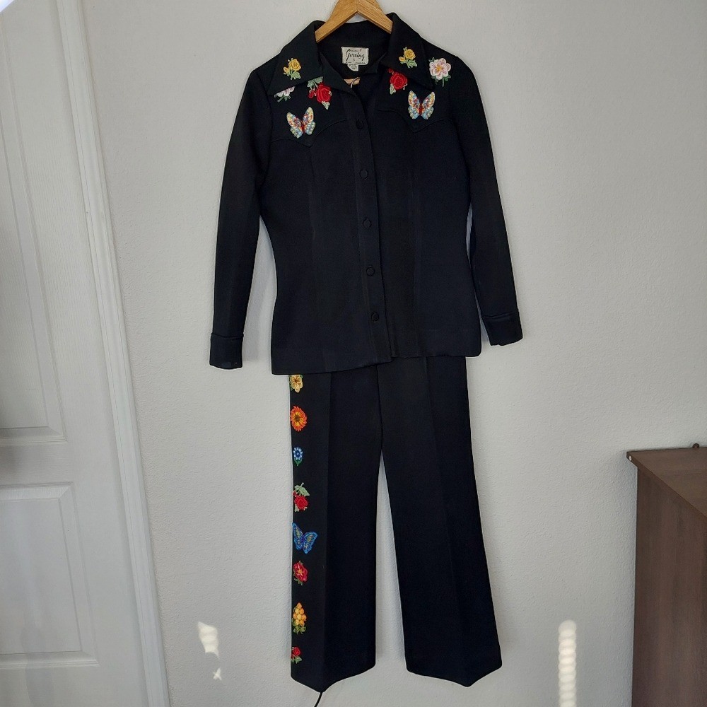 Vintage 70″s George Gerring Western Pants Suit Black Poly Knit Floral Appliques