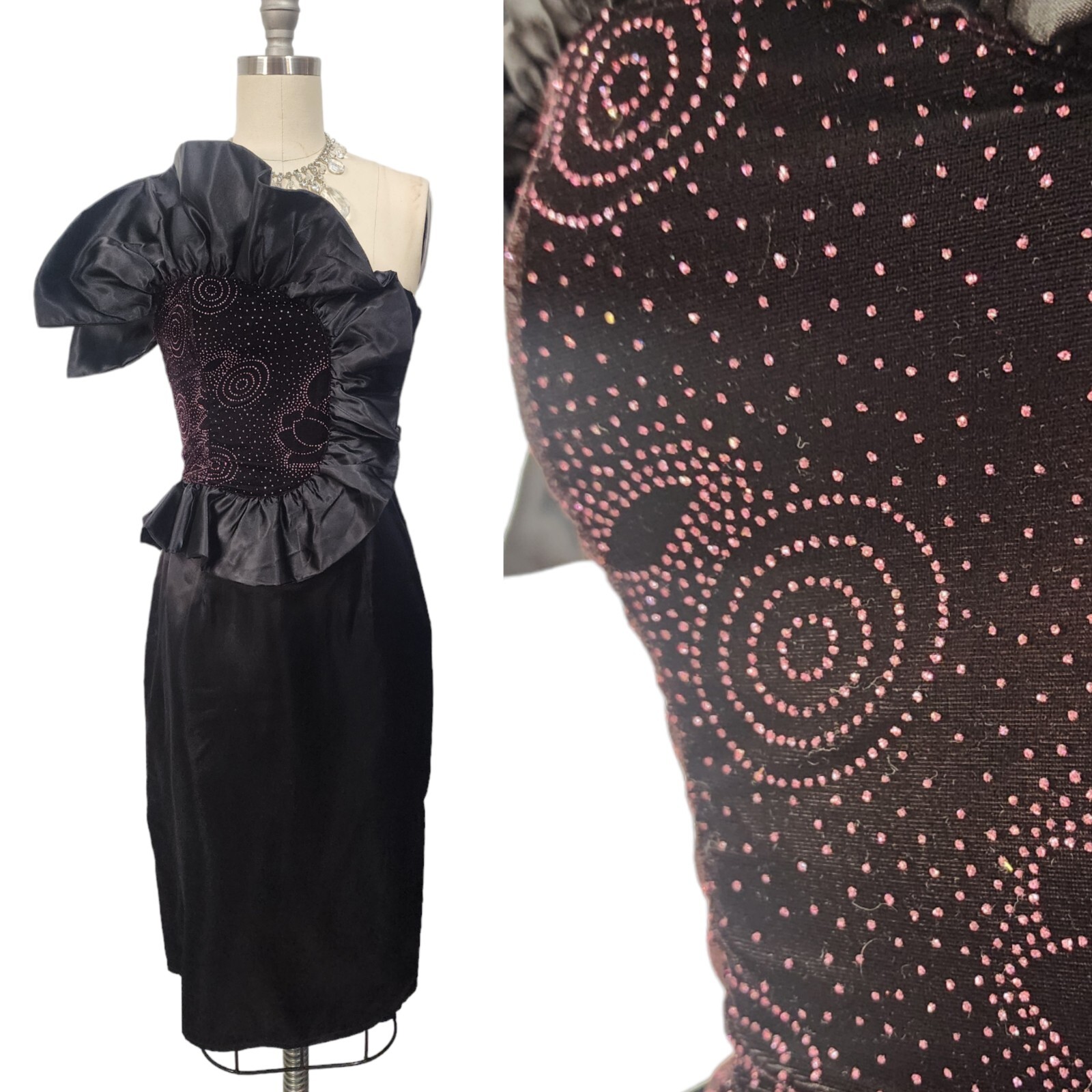 Vtg 80s Prom Dress XS 5 Gunne Sax Black Satin Short Avant Garde Origami Ruffle