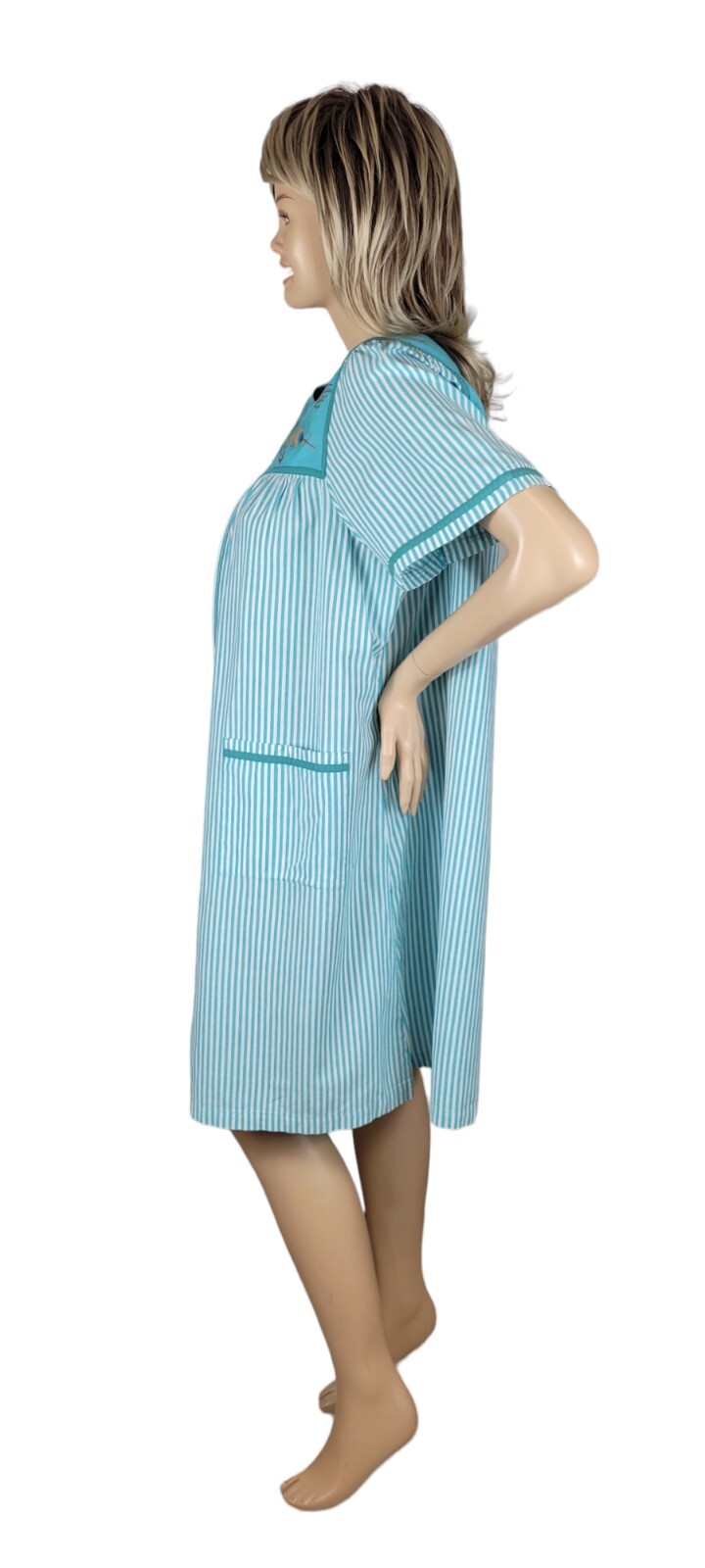 Vintage Go Softly Patio House Dress Stripes & Peacock Feathers Full Zip Boho XL