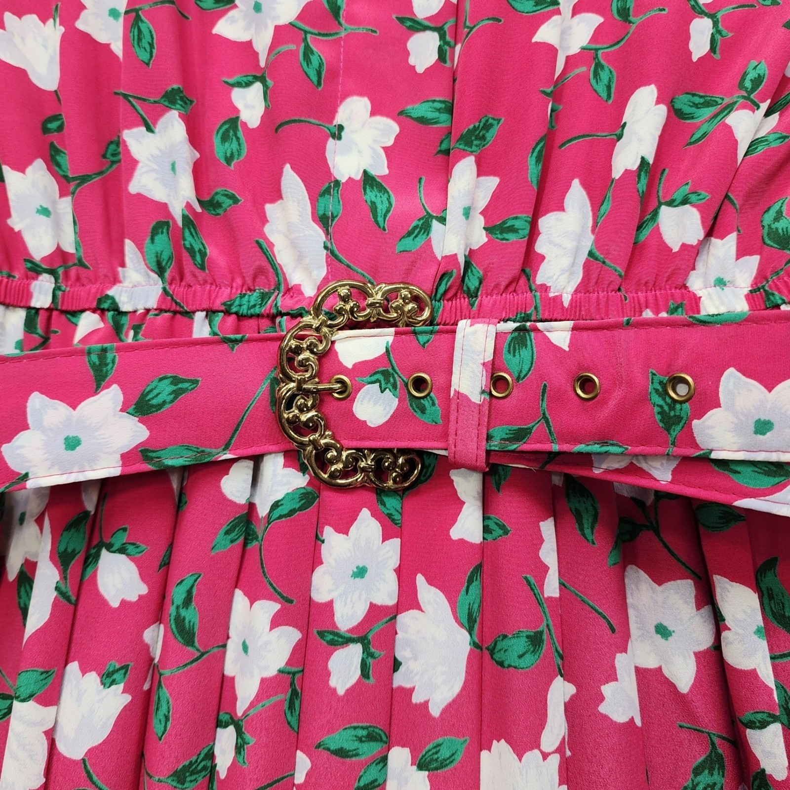 Vintage Leslie Fay Dress Womens 12P PETITE Pink White Floral Pleated Belted Midi