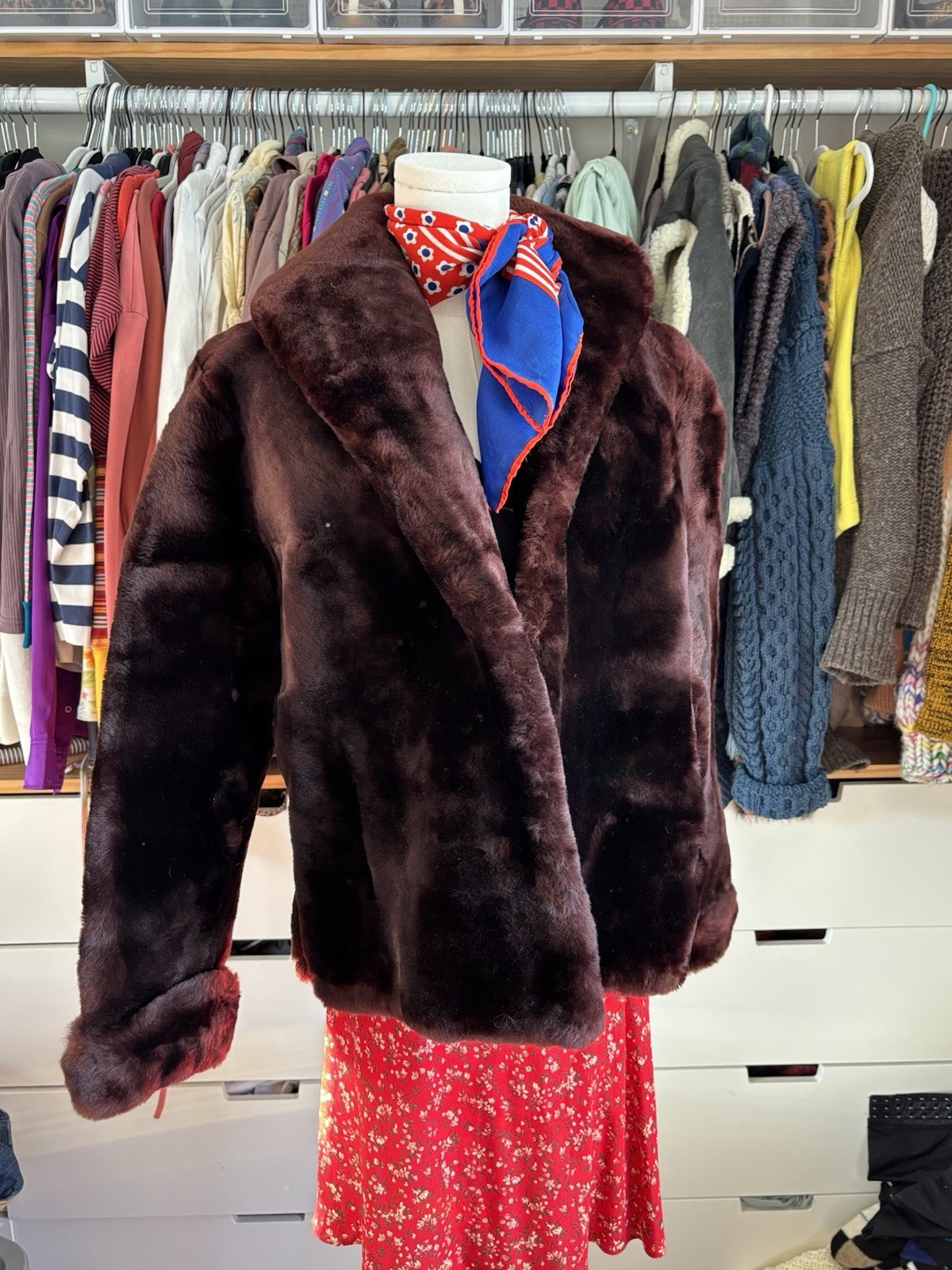 Vintage 50s KAufmanns Faux Fur Coat Dark Chocolate Brown Shawl Collar Cuffs