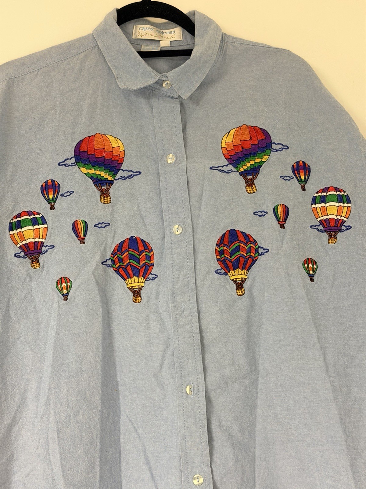 Vintage Casey Coleman Hot Air Balloon Embroidered Button Shirt Cotton Blue