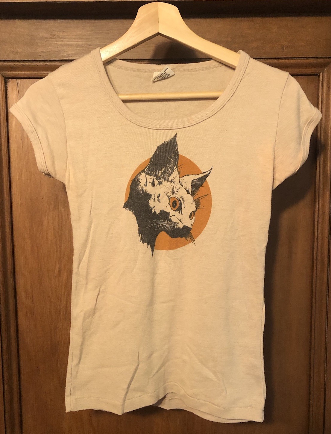 Vtg 1970’s Babydoll Cool CAT Art T-shirt Soft Stretchy & Thin Sz S* Retro