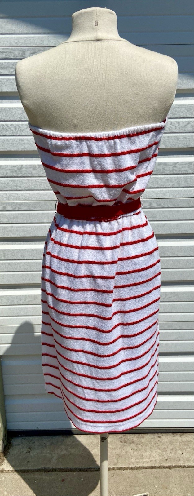 Vintage Auth 70’s Strapless Terry Cloth Tube Top Striped Red White Belt Dress