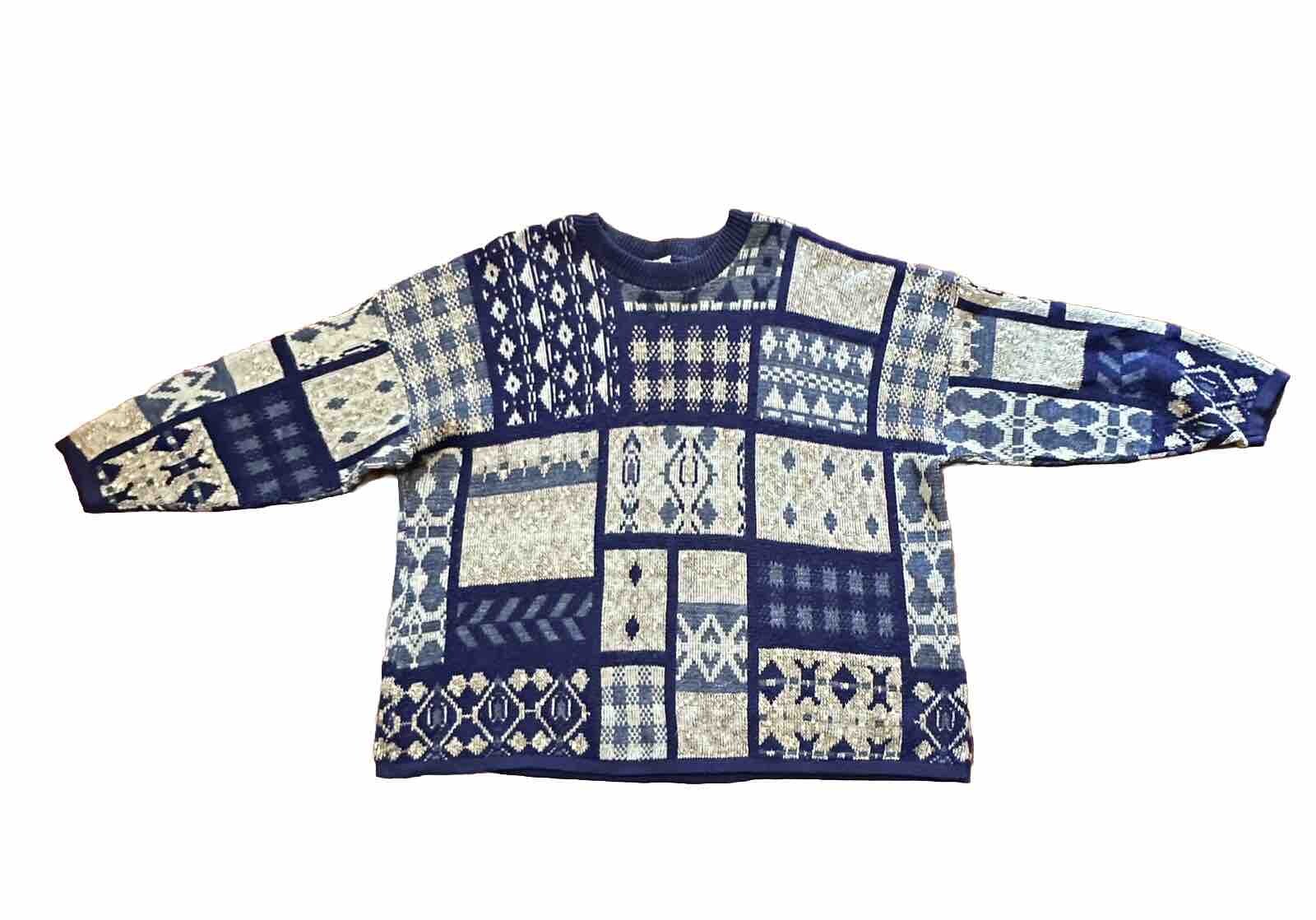 Vtg Y2K Arielle Women Sweater XXL Granny Knit Quilt Square Crewneck Blue READ