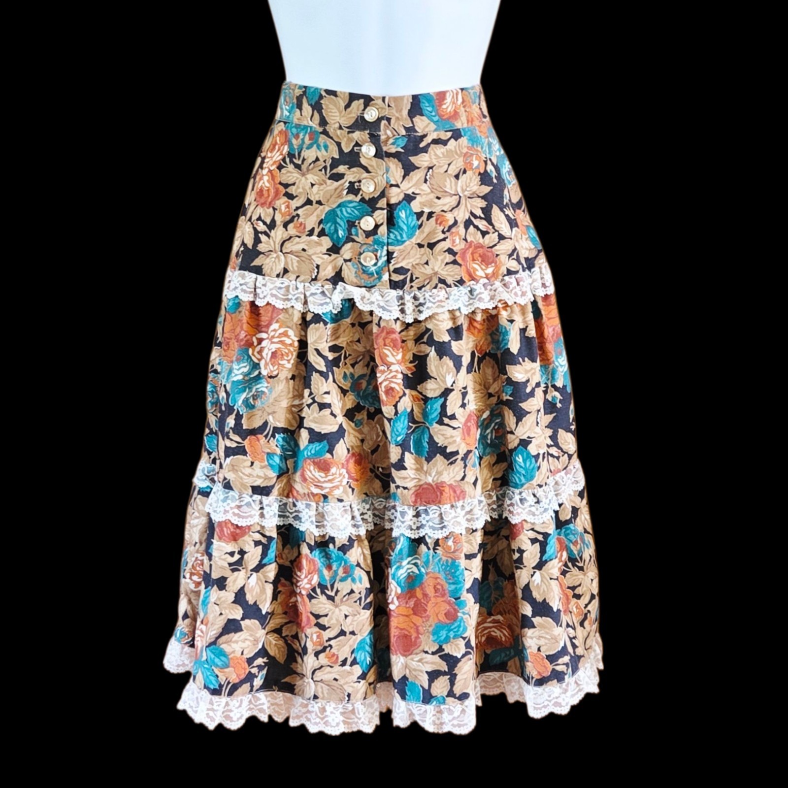 1970s YOU BABES Skirt Autumn Floral Lace Trim Tiered Maxi Cottagecore Boho Sz 26
