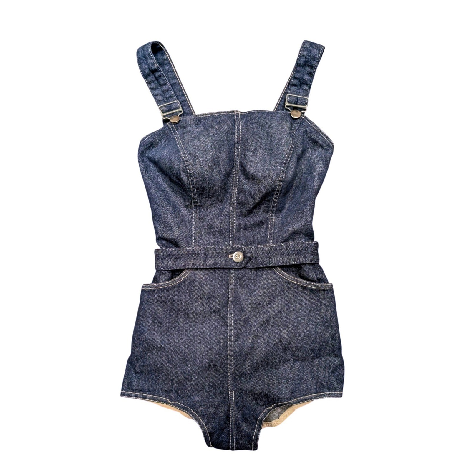 Vintage 50s Dark Wash Denim Pinup Romper Overall Bodysuit Playsuit Rockabilly XS