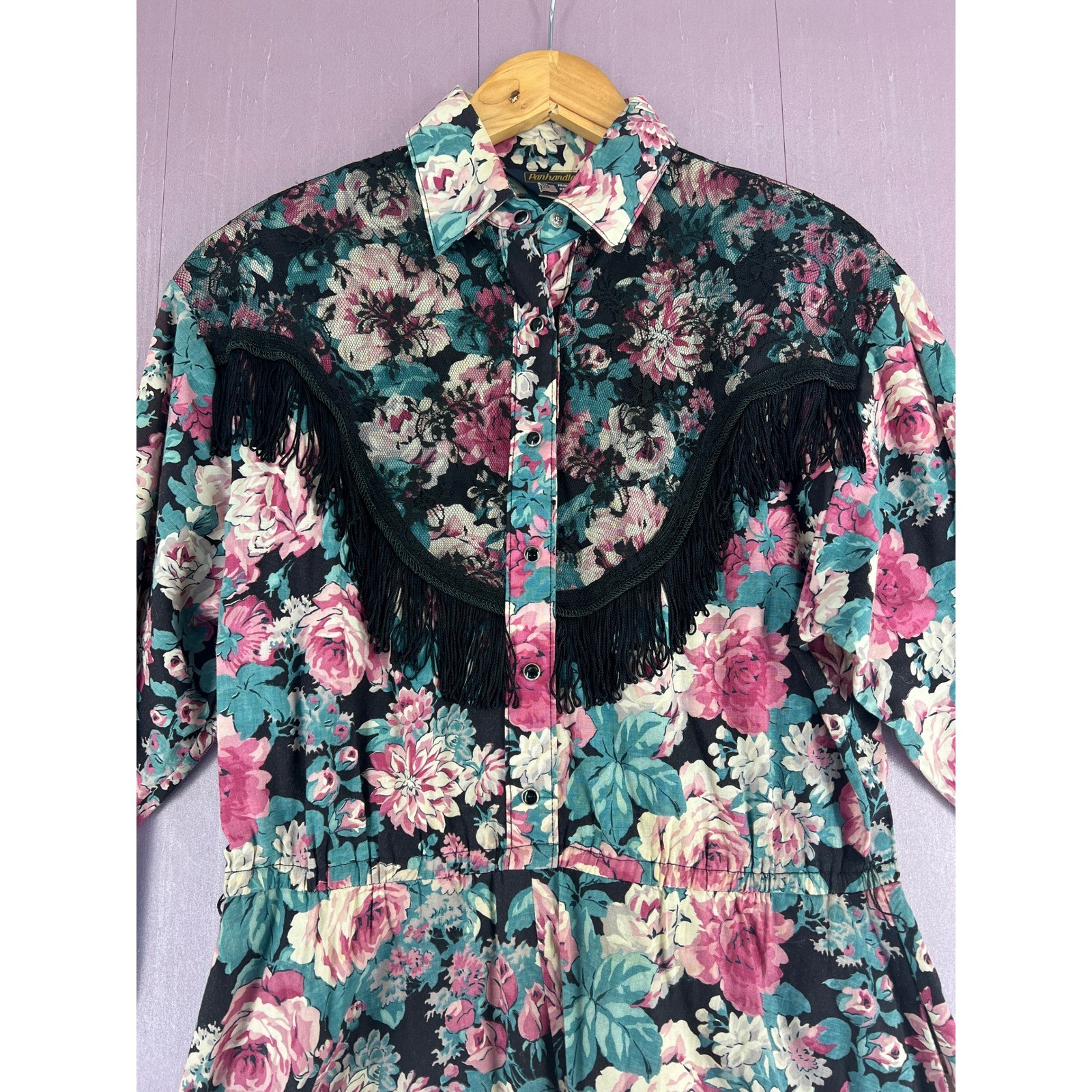 Vintage Panhandle Slim Floral Western Maxi Dress Fringe Pearl Snap Prairiecore