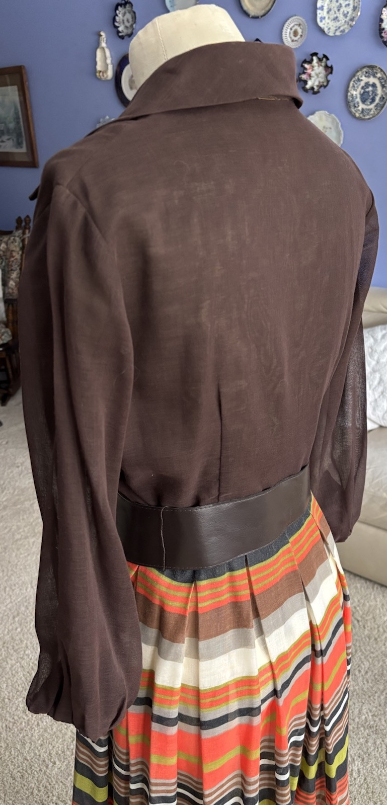 VTG 1970s Maxi Dress Retro Mod Stripe Belt Semi Sheer Brown Orange B34″ W28″ M