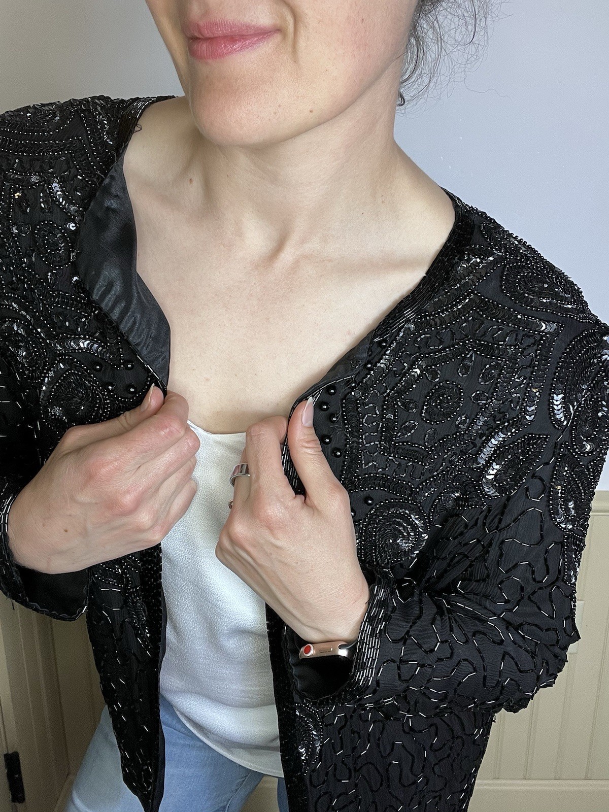 Vintage Adrianna Papell Evening L Black Silk Beaded Jacket Sequins Wedding Party