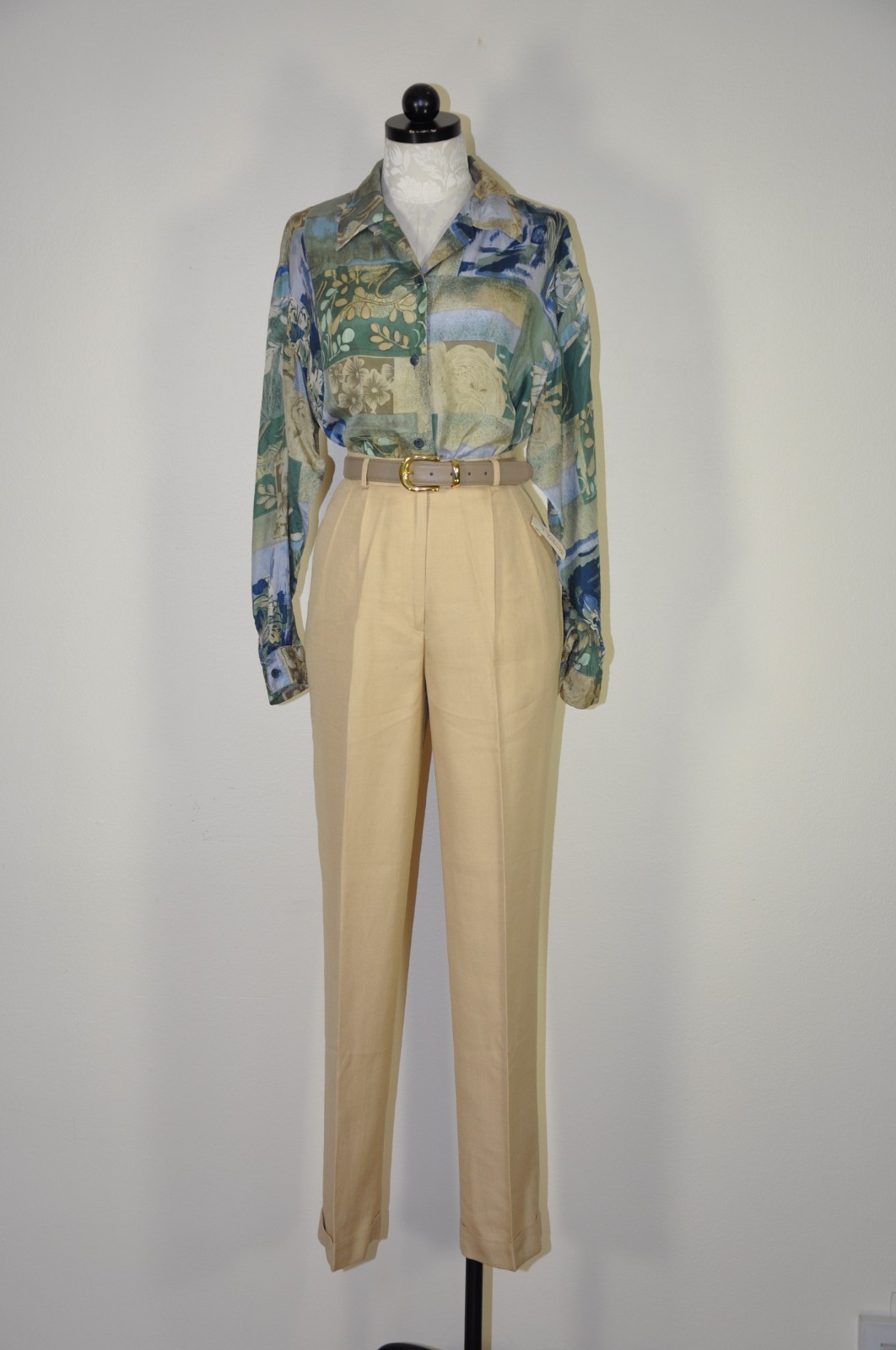 90s Vintage Green Silk Botanical Floral Print Oversized Shirt Blouse Top Women M