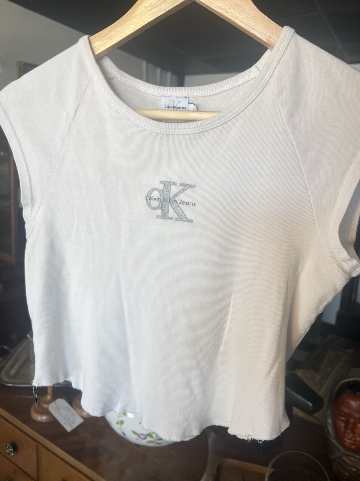 Vintage Y2K 90s Calvin Klein Logo CK Baby Tee White Silver Crop Top Large