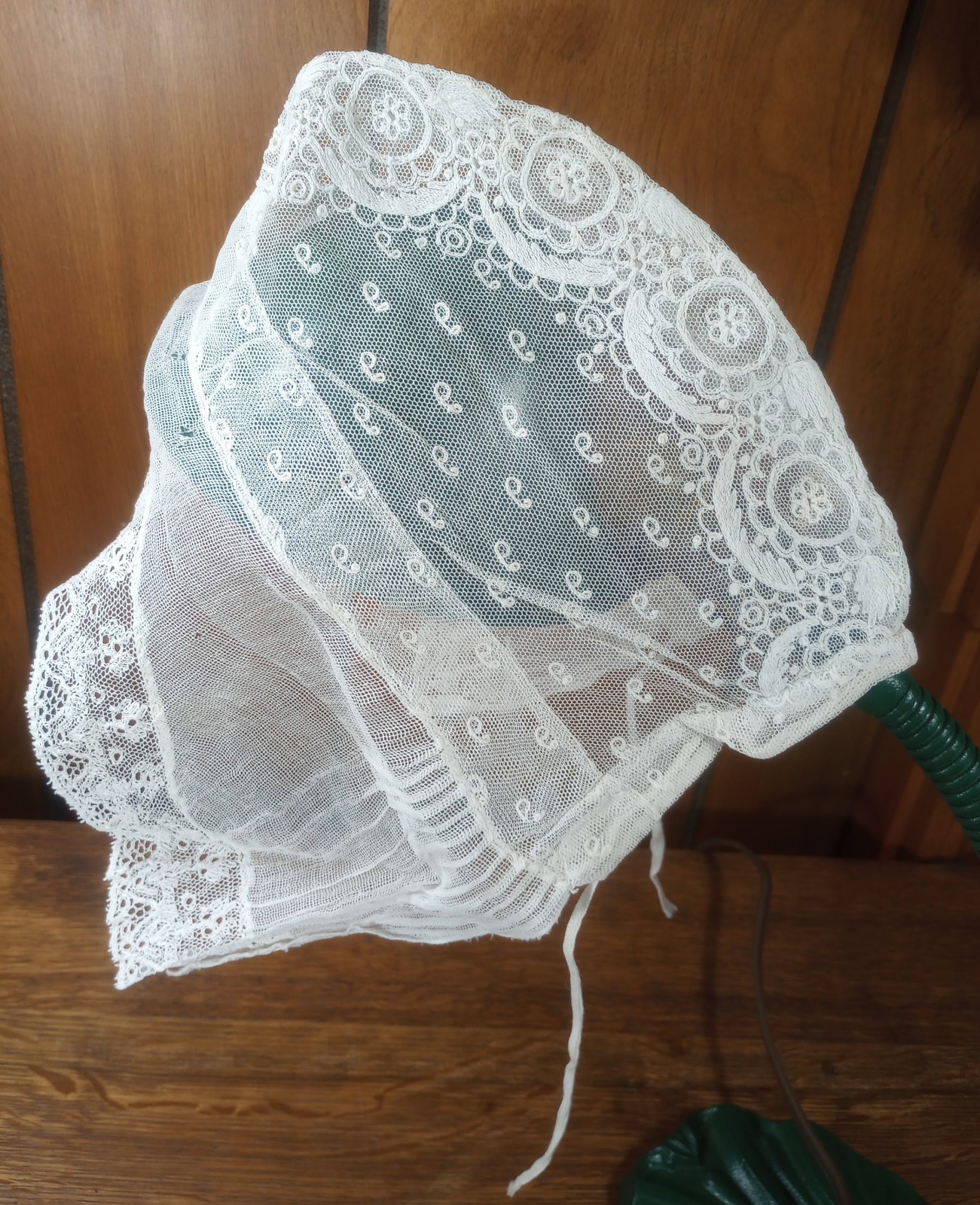ANTIQUE Victorian Appliquéd LACE BONNET Fine Mesh Net