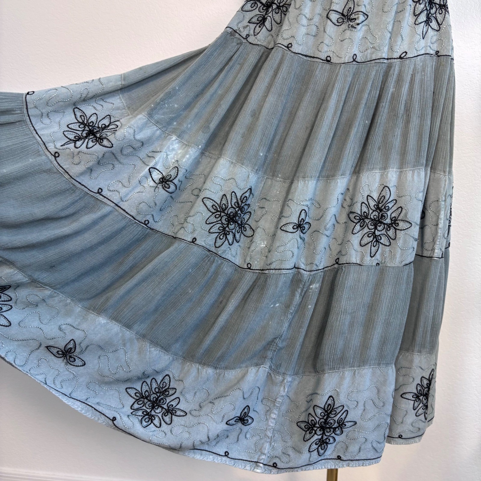 Vintage Cottage Blue Grey Embroidered Tiered Midi Dress, Medium Boho Ren Faire