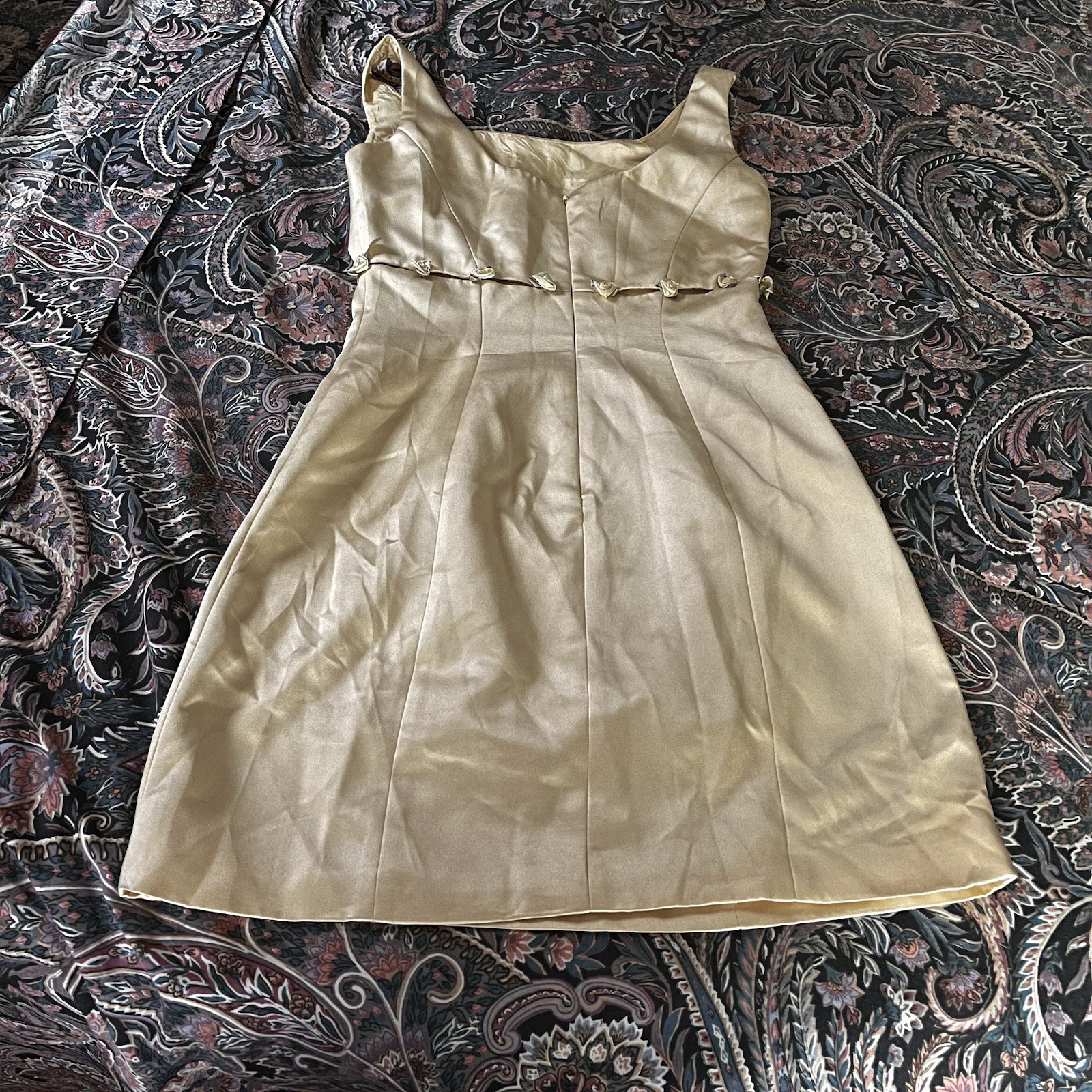 Cache 90s Rare Champagne Waist Cutout Roses Vintage Satin Mini Dress Sleeveless