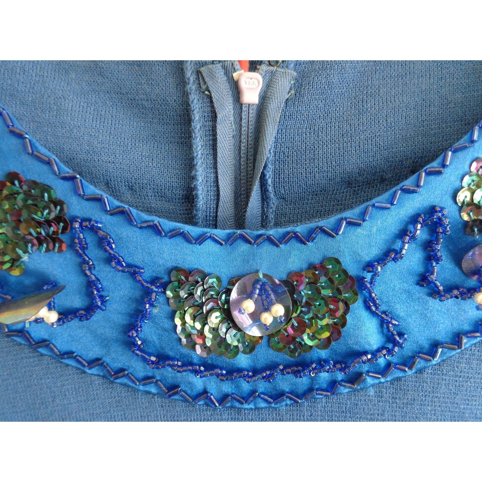 Palio 1960s 100% Virgin Wool Royal Blue Sleeveless Dress Beaded Trim Hong Kong
