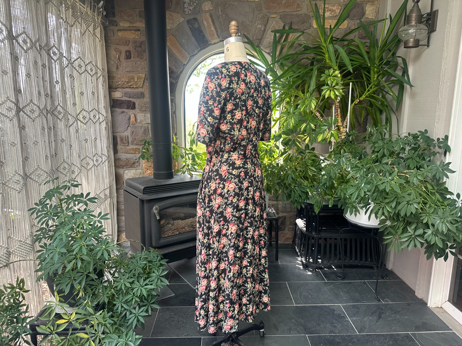 Vintage 1980s Black Pink Green Floral Rayon Dress