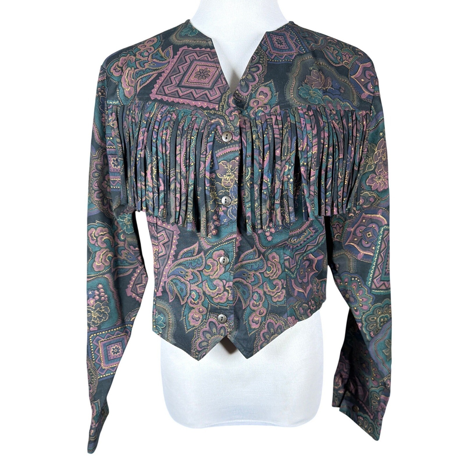 Roughrider by Circle T Vintage Western Fringe Paisley Cropped Shirt Large 4113