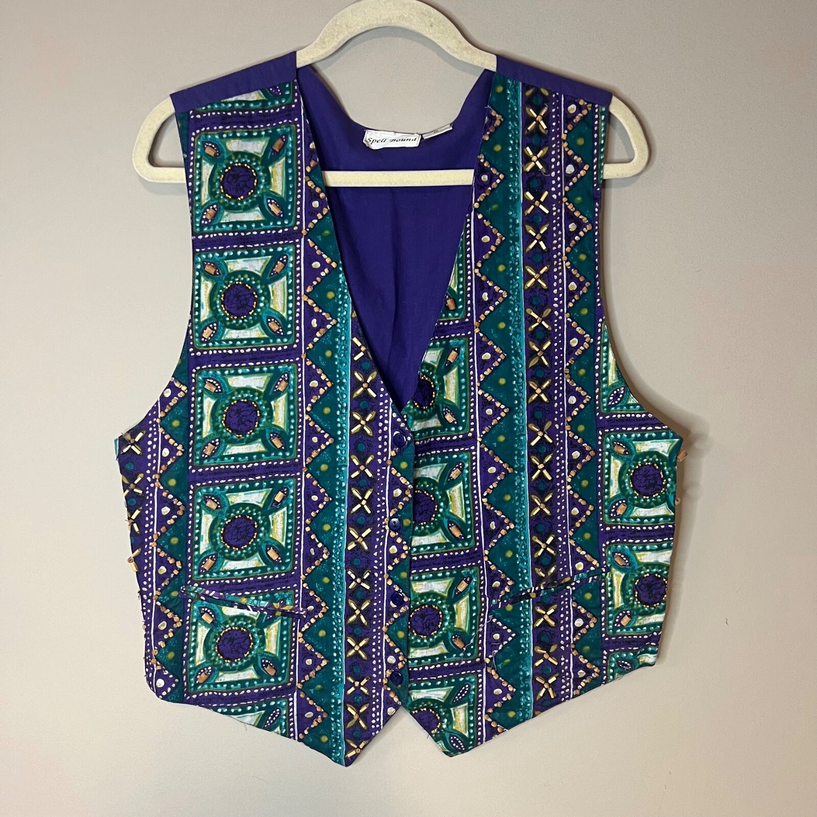 VTG 1990s Purple Teal Floral Beaded Vest Waistcoat Grunge 90s Approx Womens M