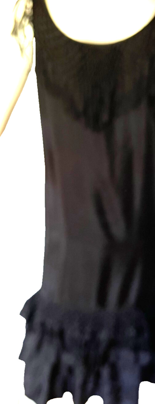 Black Silk Satin 1920 Flapper Sleeveless Dress W/ Fringe Four /Ruffles at Hem