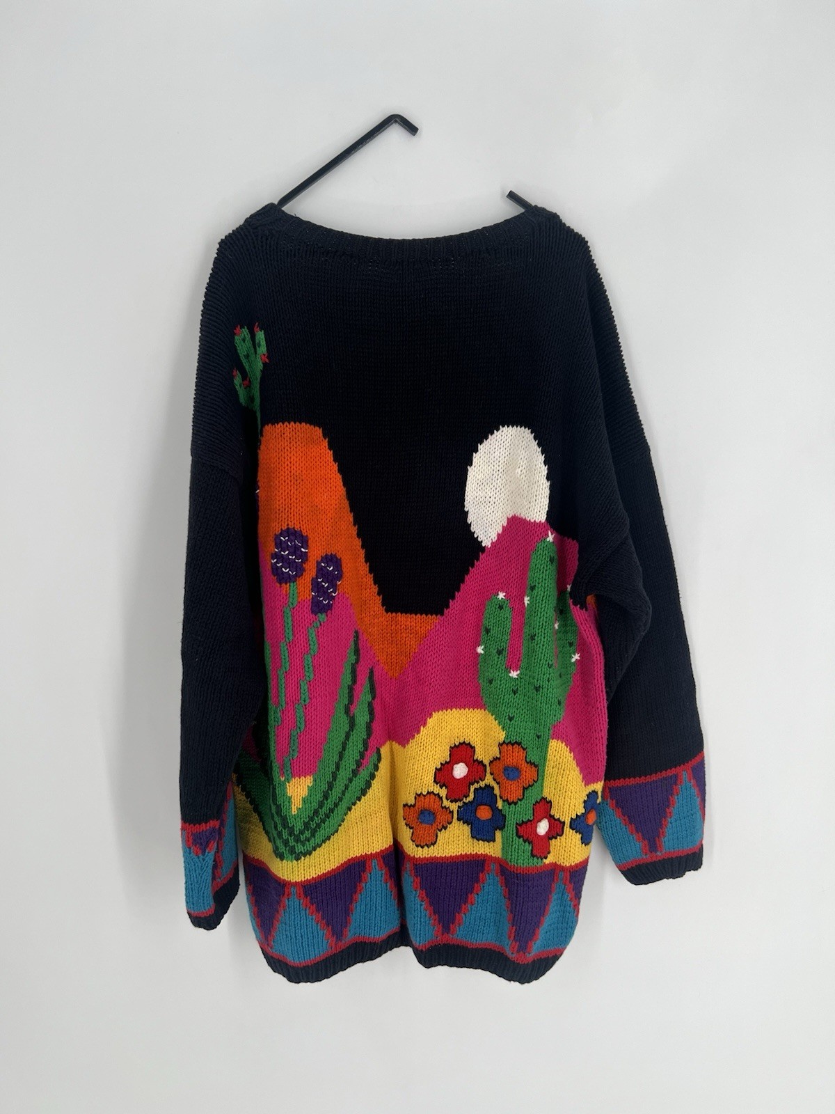 Vtg Andina Retro Abstract Embroidered Floral Cactus Chunky Knit Sweater Cardigan