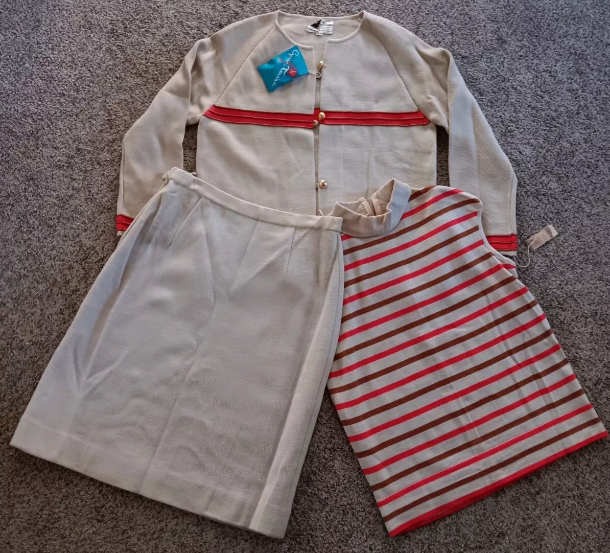 Vtg Gina Teresa Wool Skirt Set 3pc Tan Orange 14 Hong Kong NWT 60s 70s Fits L