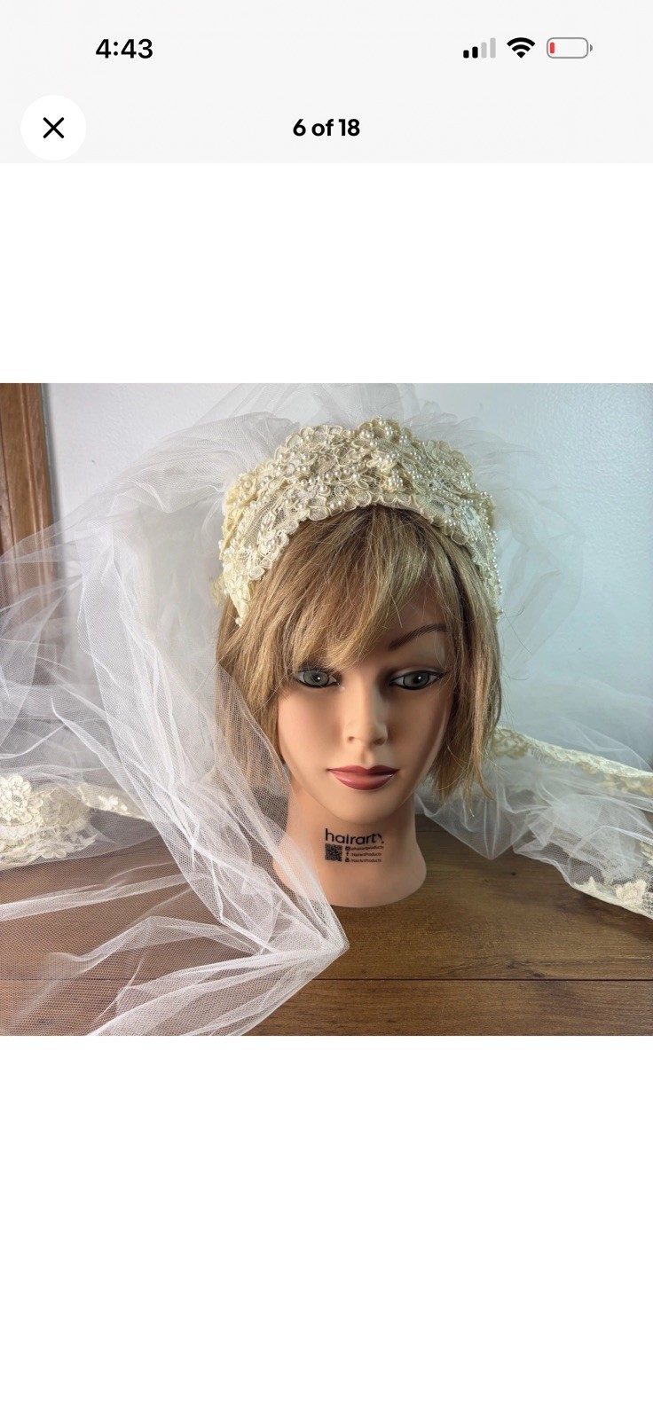 VTG 60s 70s Lace & Pearl Bridal Veil Juliet Cap Style Ivory Alencon Lace Tulle