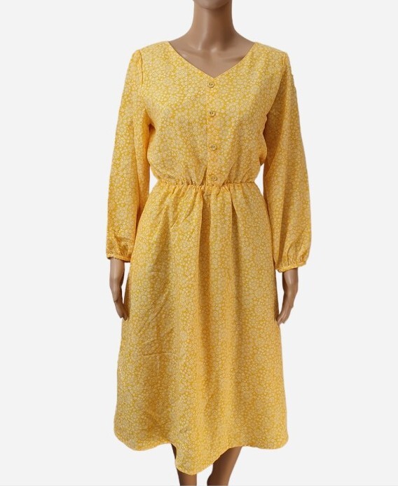 Vintage Floral dress Peasant prairie Sze 8/10 yellow frill hem longsleev pockets
