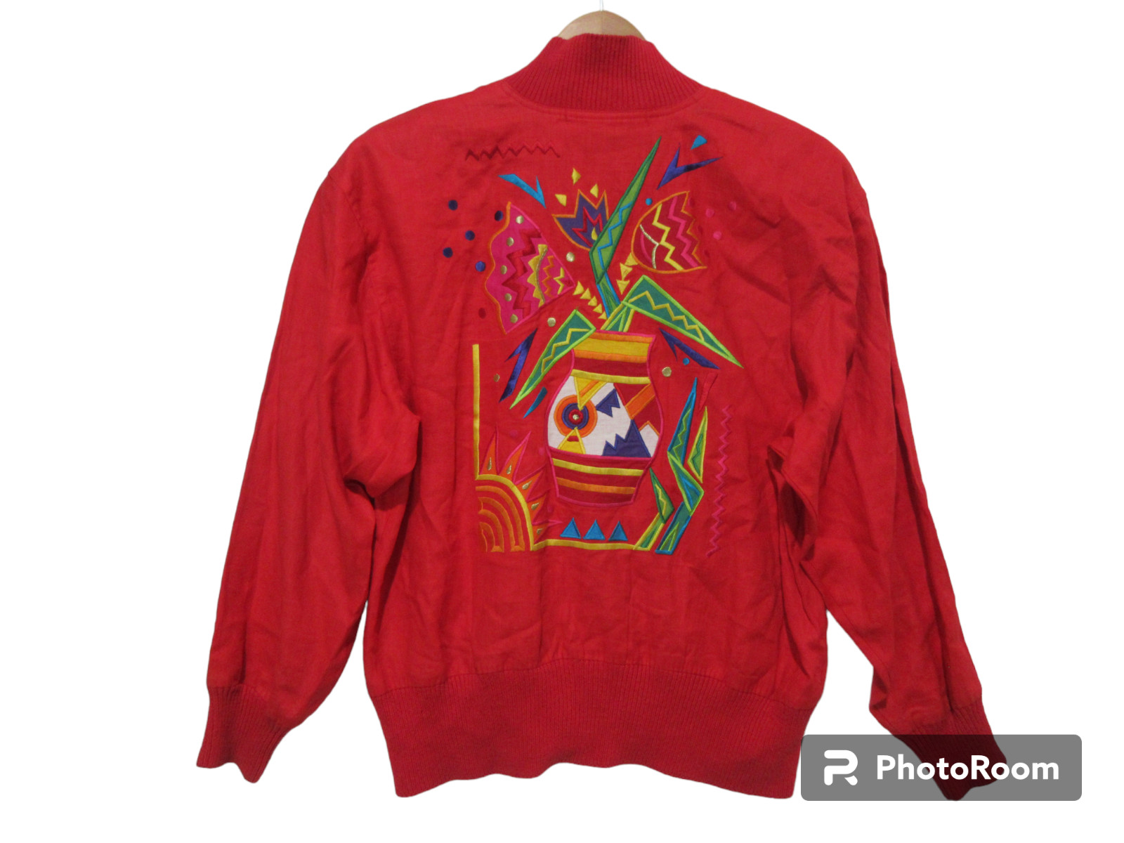 Sz 8 M VINTAGE 90s I B Diffusion Tribal Embroidered Red Linen Bomber Jacket Top