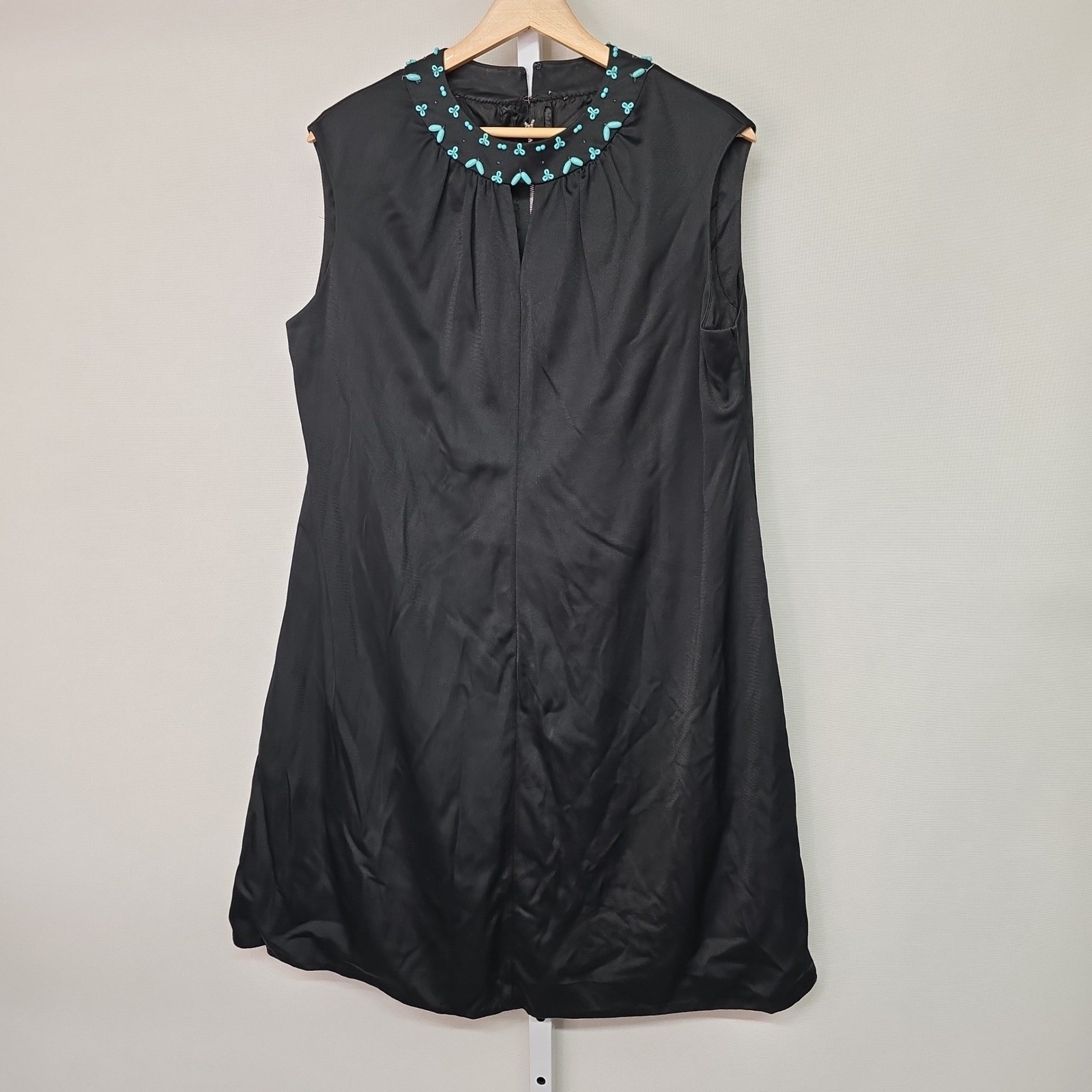 Vintage Black Sleeveless Mini Dress Turquoise Beaded Neckline Mod Cocktail