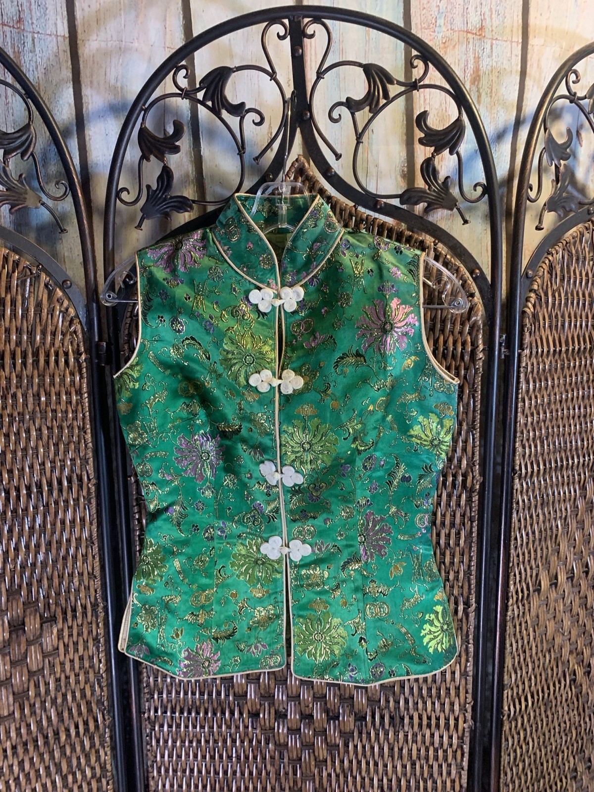 Vintage Green Silky Vest with Flower Frog Buttons