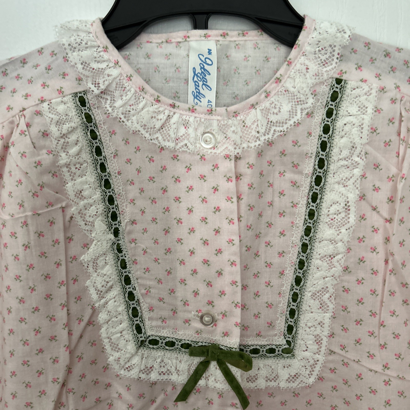 Vintage Ideal Lady Full Length Cotton Pajamas Size 40/L Pink Flowers Green Trim