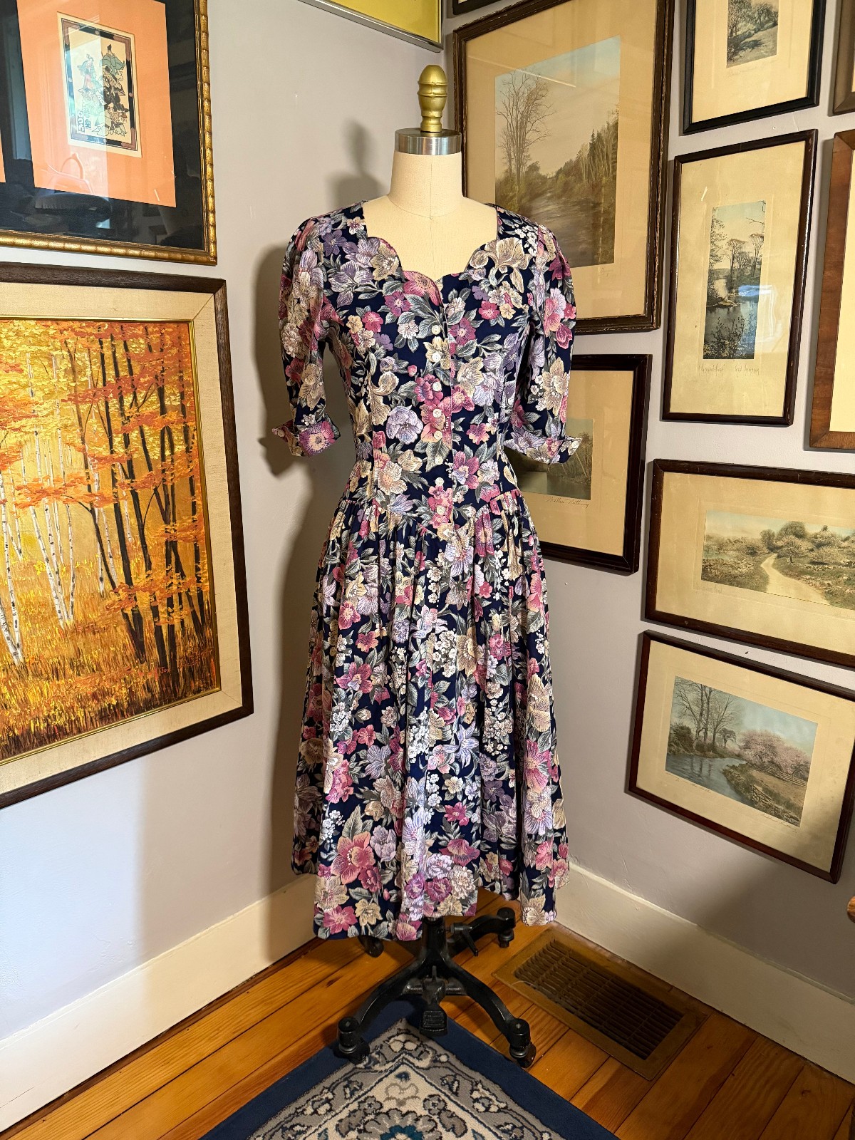 Vintage 80s-90s Jodi Michaels navy floral basque waist dress US7